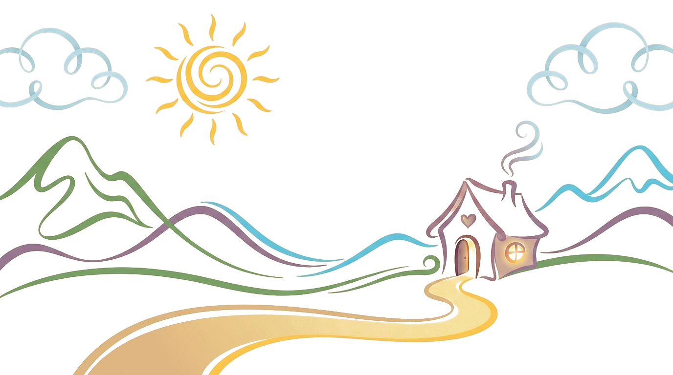 A storybook world: a golden road winding past mountains to a cozy home