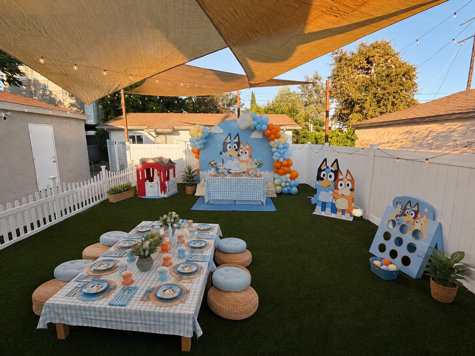 Bluey birthday party set up in the Doran Kids backyard