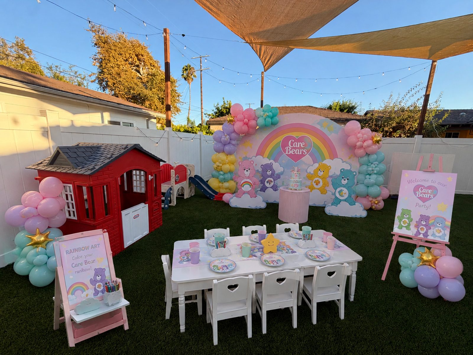 Care Bears birthday party set up in the Doran Kids backyard