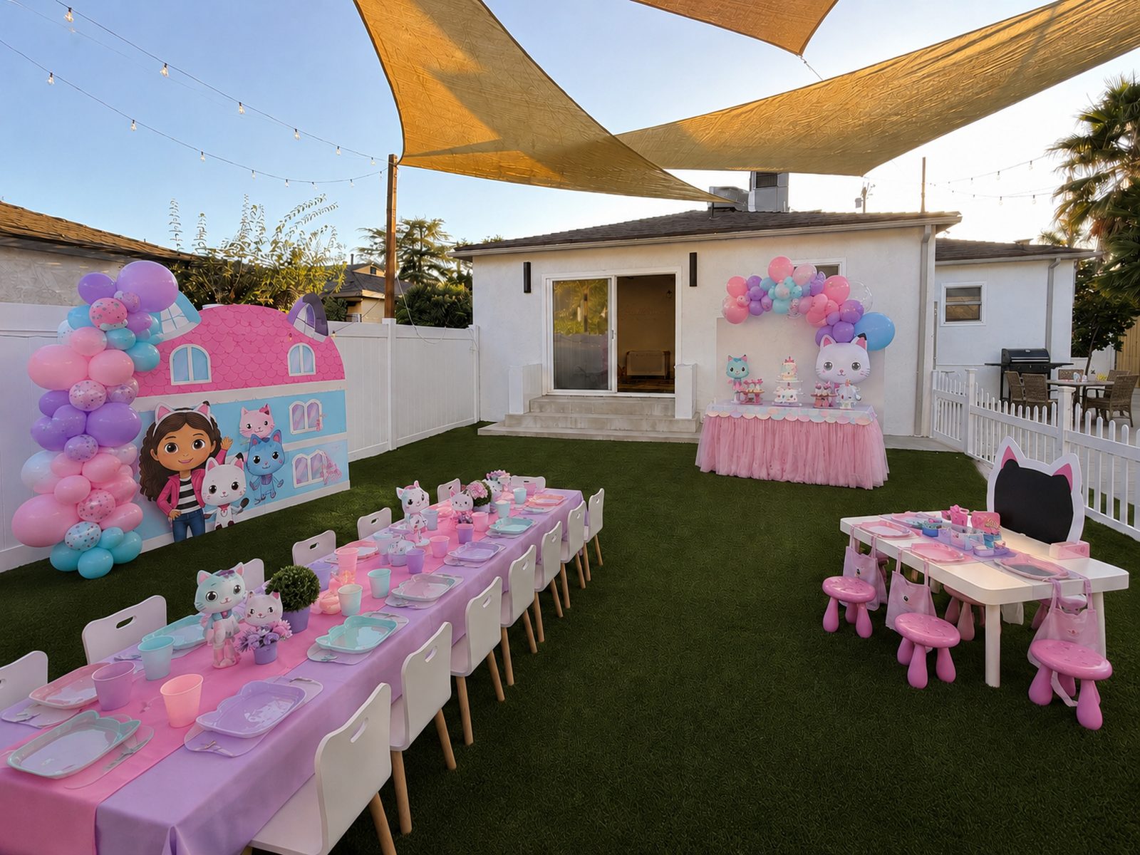 Gabby's Dollhouse birthday party set up in the Doran Kids backyard