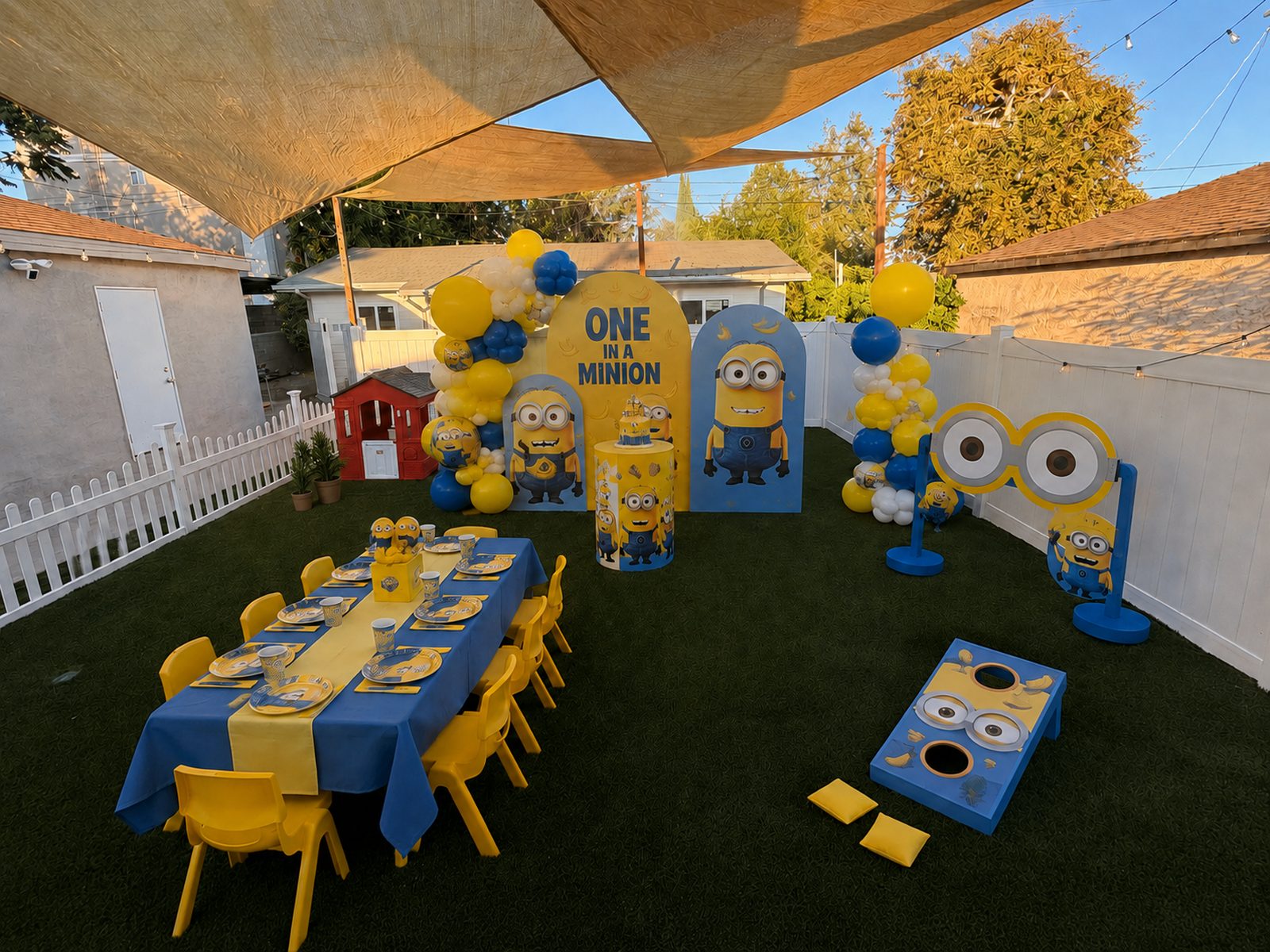 Minions birthday party set up in the Doran Kids backyard