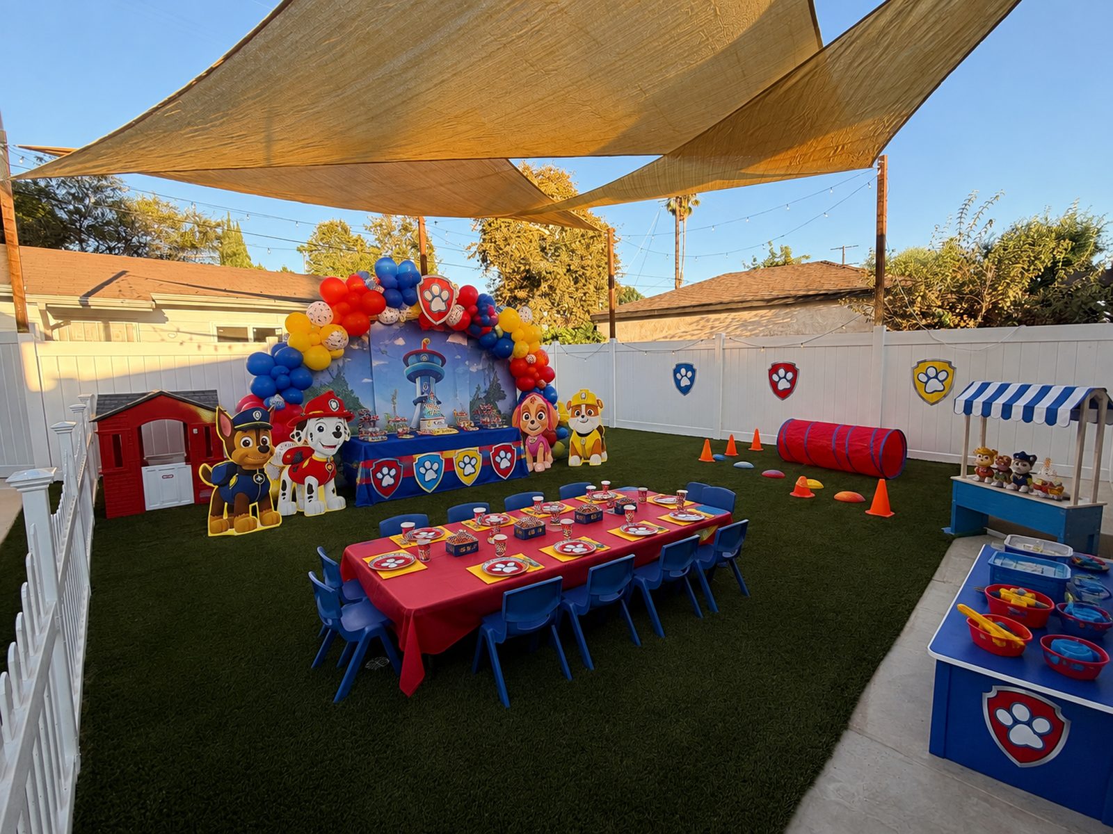 PAW Patrol birthday party set up in the Doran Kids backyard